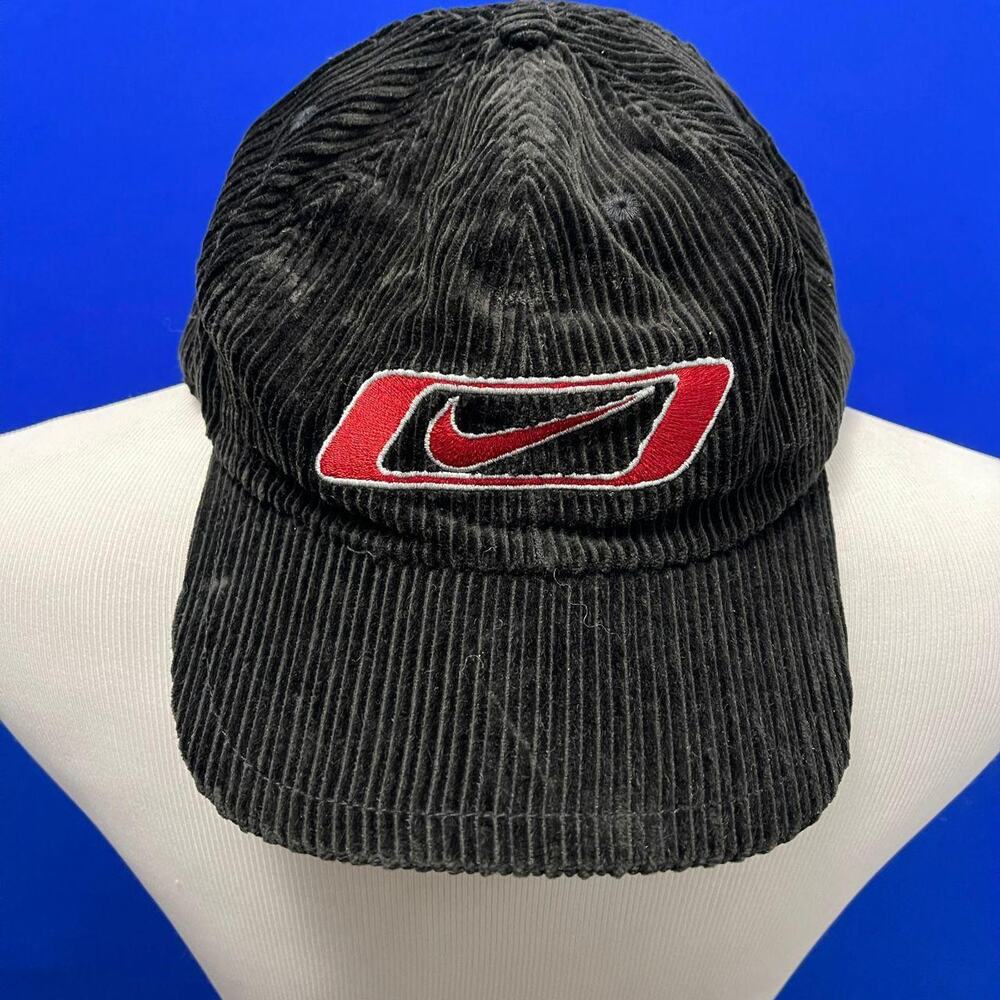 Vintage Nike Black Corduroy Baseball Cap with Red Swoosh Logo